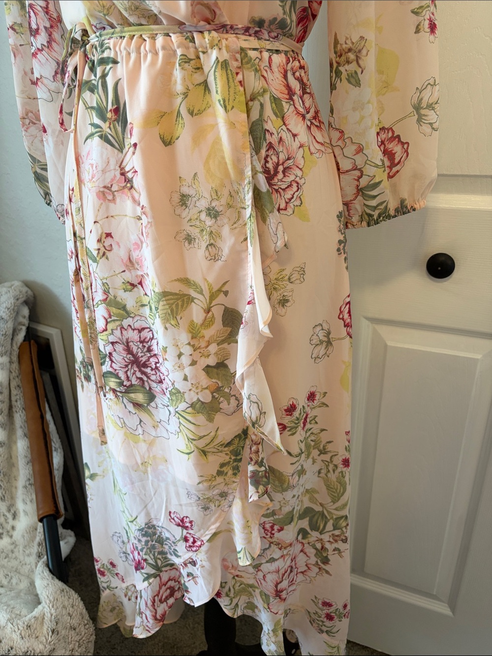New York and Company floral maxi wrap dress 3/4 sleeve ruffle size extra small - Picture 4 of 11